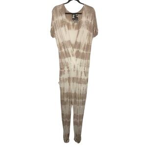Young Fabulous & Broke Large Coleen Beige Tie Dye Surplice V Neck Soft Jumpsuit